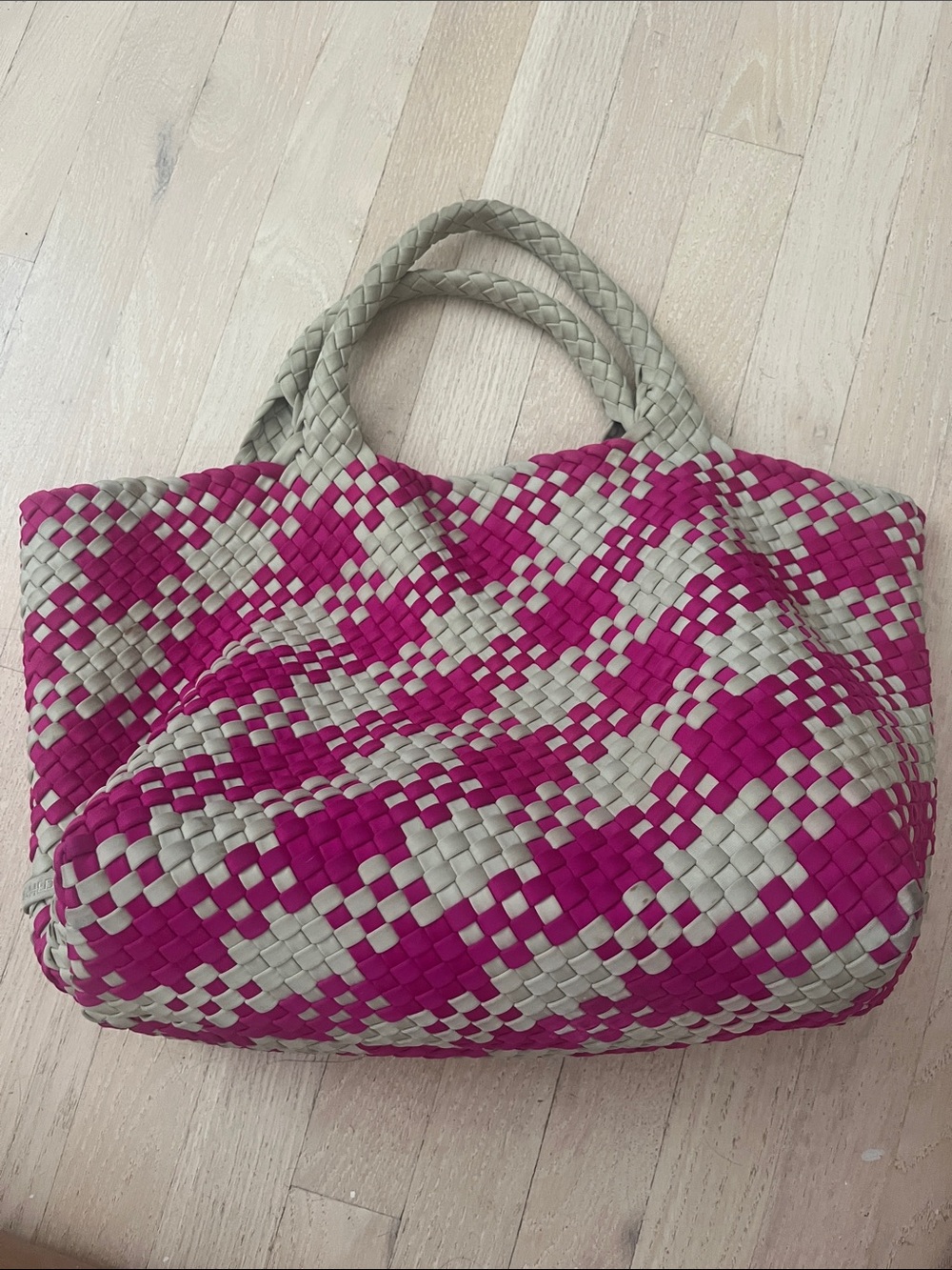 Naghedi Woven Tote in Fuchsia and Light Gray